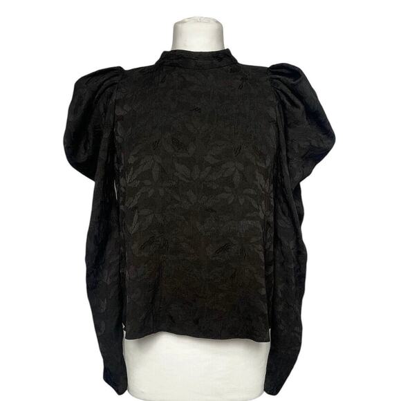 Zara Black Floral Textured Ruched Puff Long Sleeve Crew Neck Blouse Top Size S - Picture 1 of 9